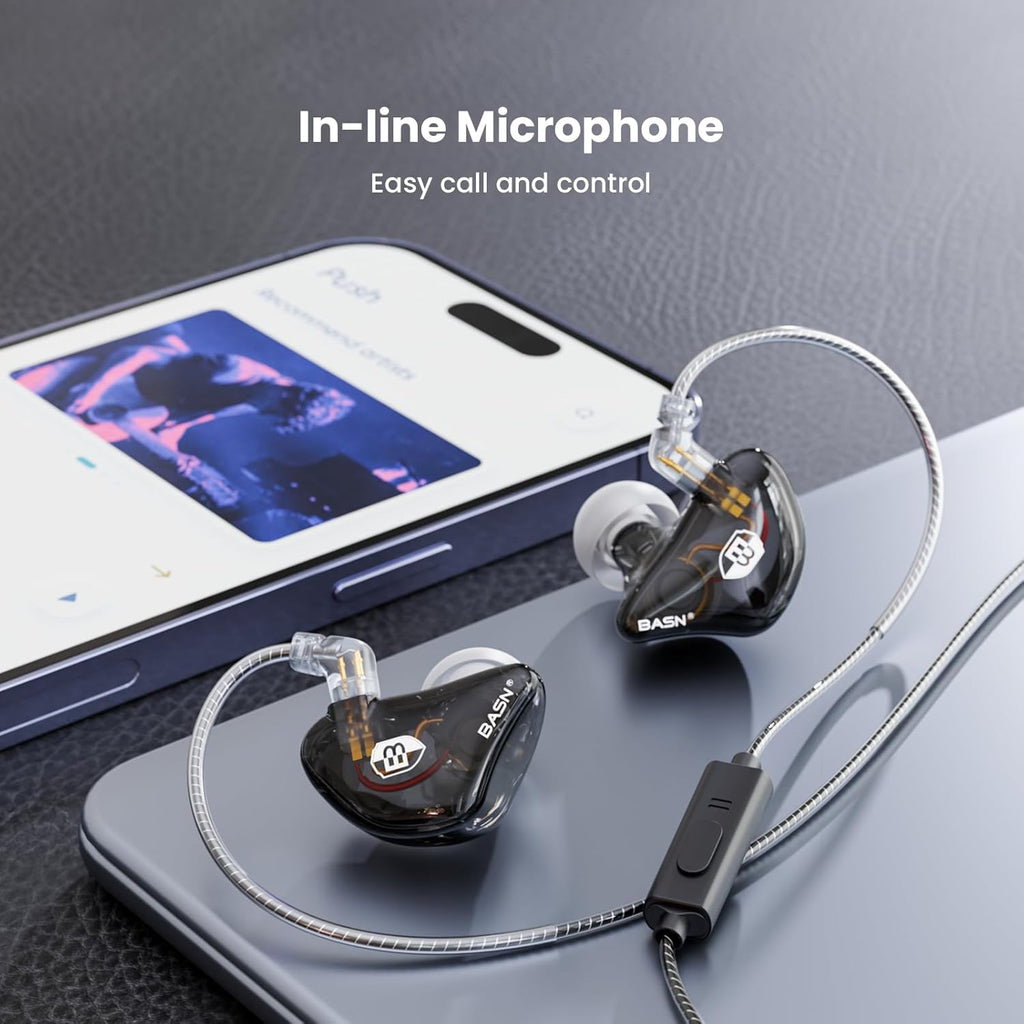 BASN Bsinger Professional in Ear Monitor Headphones, Dual Drivers 2-Pin IEM Earbuds with Mic, Clear Sound HiFi Earphones for Musicians Drummers and Stage (Black, 2-Pin)