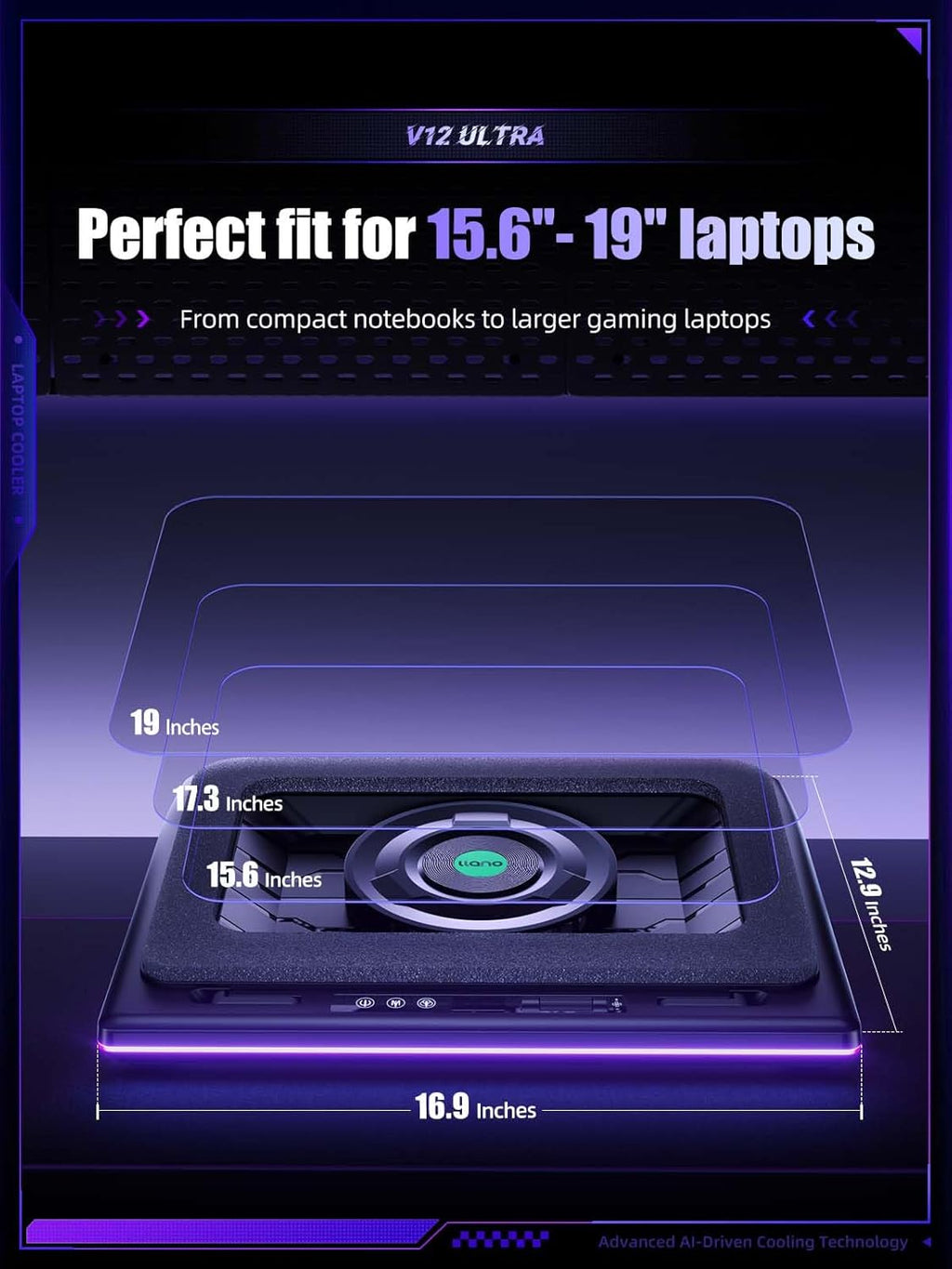 llano V12 Ultra Laptop Cooling Pad with Smart Software Control, RGB Gaming Laptop Fan Cooler Stand, 5.5" Turbo Fan, Adjustable Speed, 3*USB 3.0 Ports, 3 Height Stands, for 15.6"-19" Laptops, Black