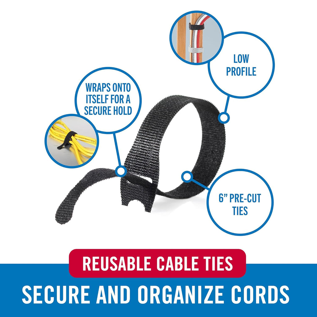VELCRO Brand Reusable Cable Ties, 100 Pack 6 Inch Cable Management Ties, Cord Wraps for Electrical Cords, Black