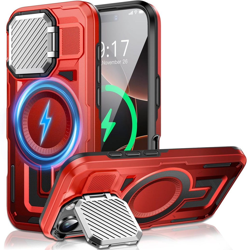 Camera Stand Case for iPhone 16 Pro Max, [Compatible with MagSafe] [Lens Cover] 2024 Version Military Grade Protective Soft Case for iPhone 16 Pro Max 6.9 inch Men Women, Red