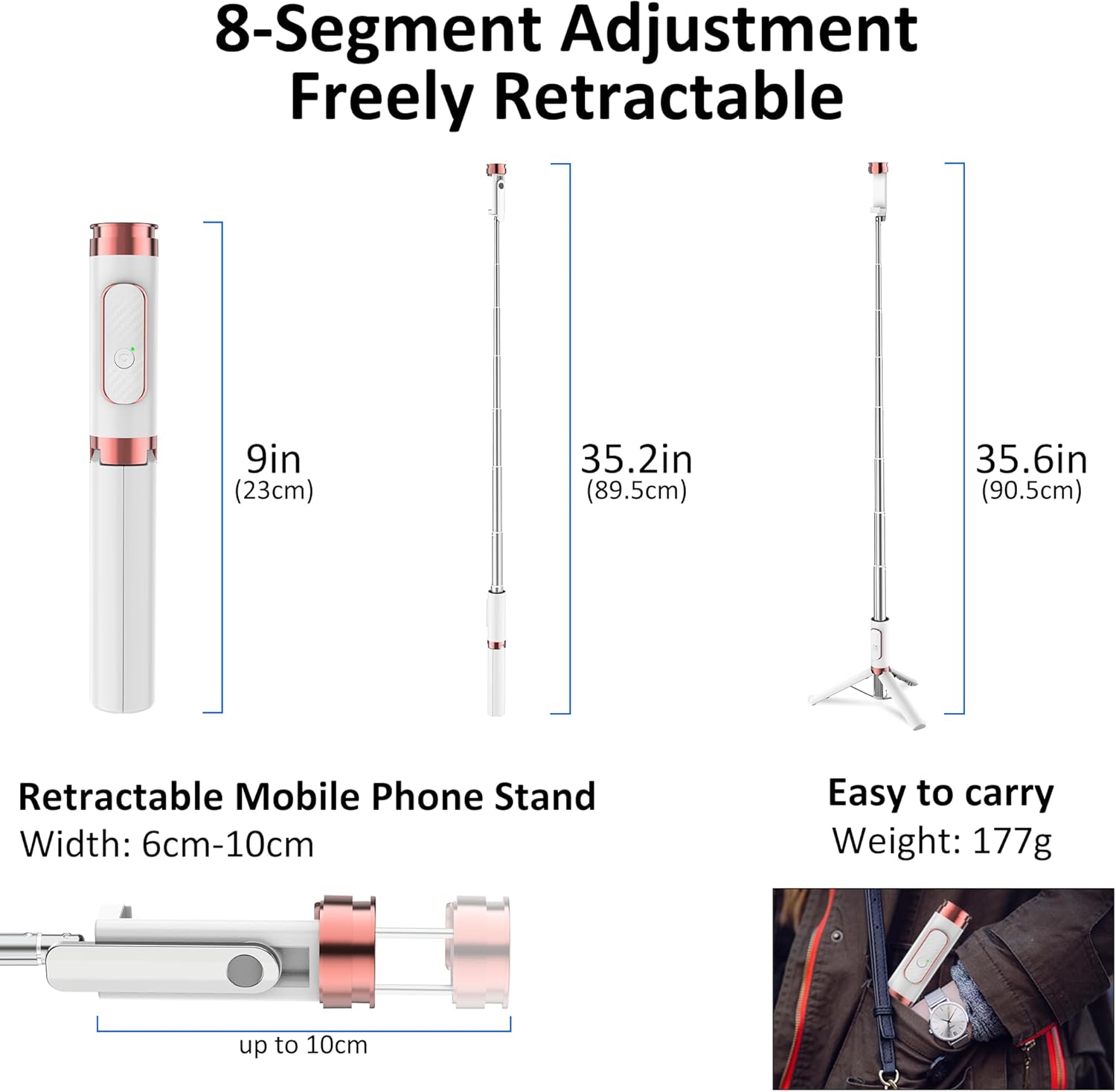 Aluminum Alloy Selfie Stick Tripod with Remote, Foldable Travel Tripod Stand 270 Rotation Compatible with iPhone/Android/Go Pro Camera