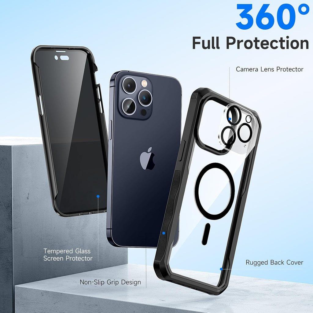 seacosmo for iPhone 15 Pro Max Case, Full Body Bumper with Built-in 9H Tempered Glass Privacy Screen and Camera Lens Protector, Compatible with MagSafe, Shockproof 15 Pro Max Phone Case, 6.7", Black