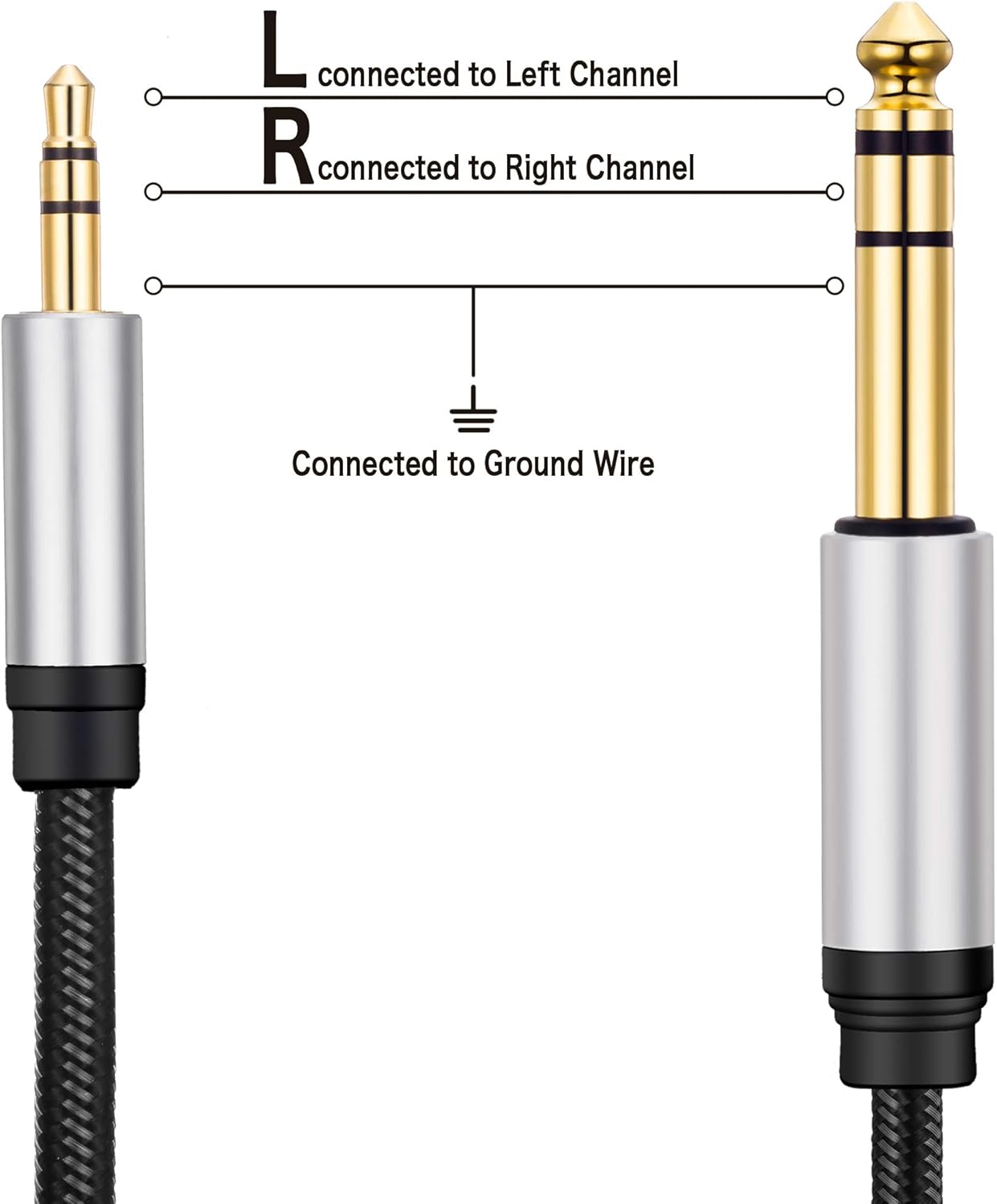 3.5 mm to 6.35 mm Audio Cable 3Ft, Gold-Plated Terminal Silver Color Zinc Alloy Housing 3.5mm 1/8" Male TRS to 6.35mm 1/4" Male TRS Nylon Braided Stereo Audio Cable for Cellphone, Amplifiers(3Ft/1M)