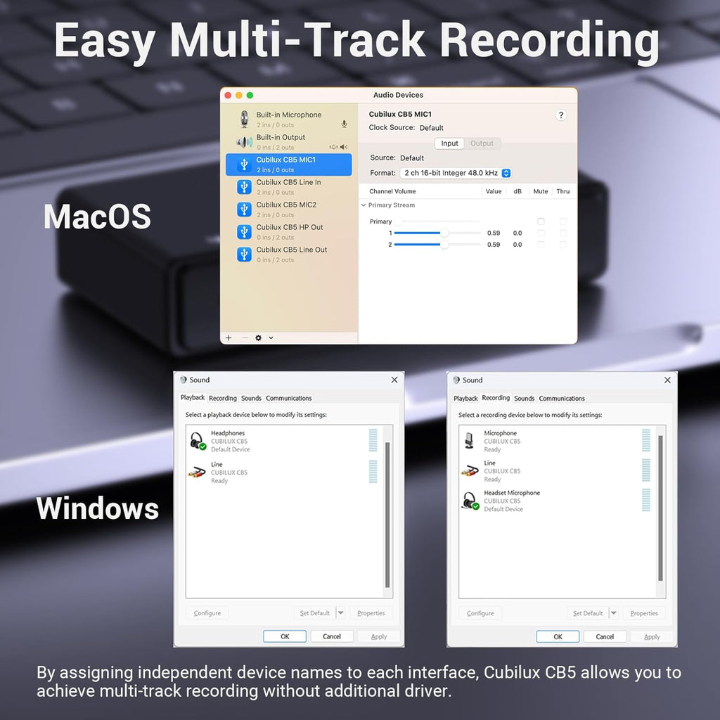 Cubilux CB5 USB Audio Interface for Recording, Streaming, Podcasting, USB to 3.5mm Sound Card with Stereo Microphone Input, Line-In, Line-Out & Headphone Jack for Monitors, Support Windows & Mac OS