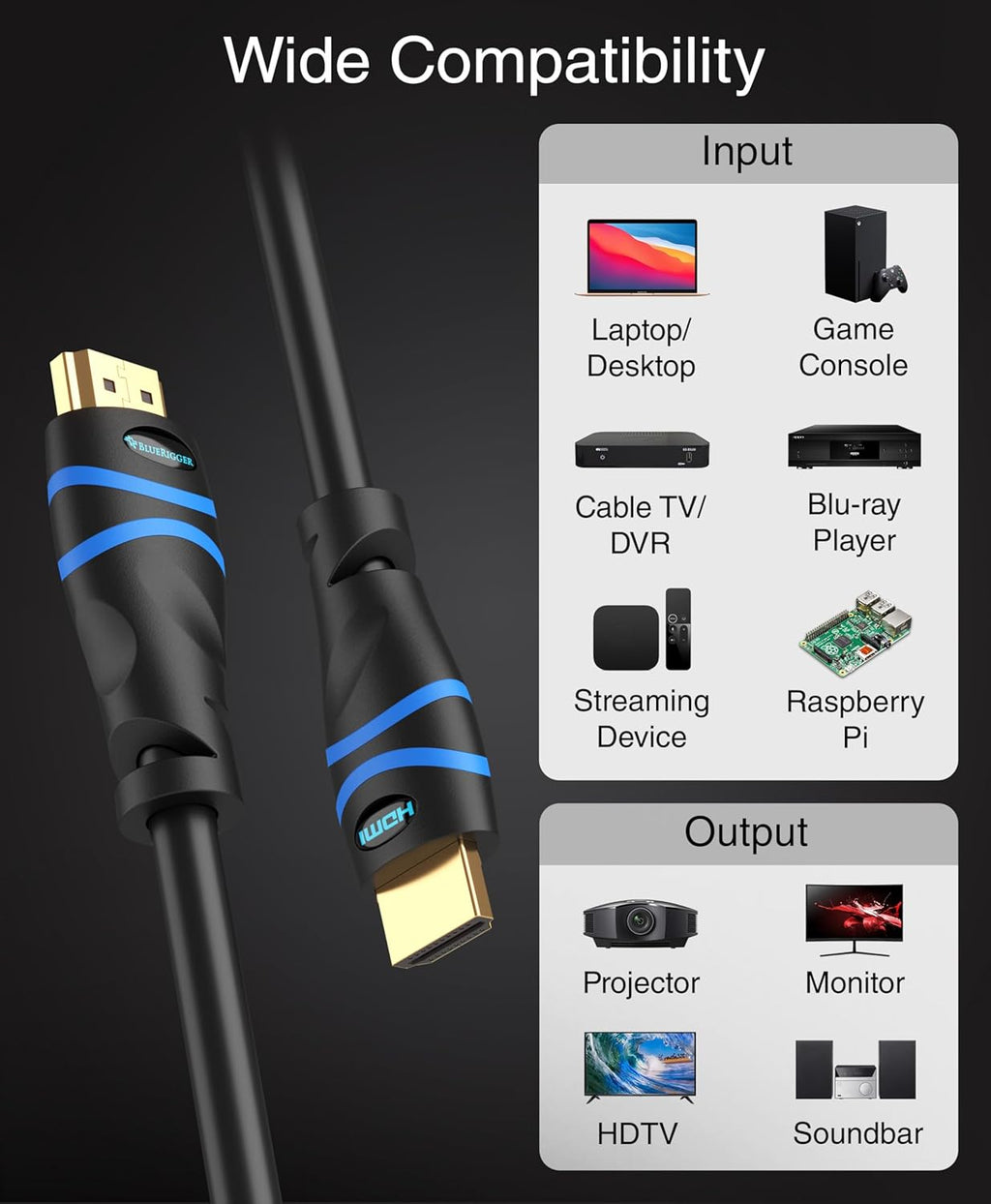 BlueRigger 8K HDMI Cable (15FT, 8K 60Hz HDR, 4K 120Hz, High Speed 48Gbps with Ethernet, eARC, 3D, HDCP 2.3) - Compatible with PS5, Xbox, Roku, Apple TV, Switch, PC