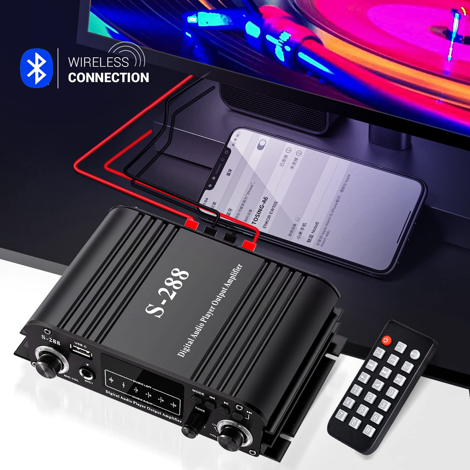 Facmogu S-288 4 CH Bluetooth 5.0 Home Audio Amplifier, RMS 45Wx4, Max 600W HiFi Stereo Power Amplifier USB, SD, FM Class D Speaker Amp for Home Theater Karaoke, with Power Adapter & Remote Control