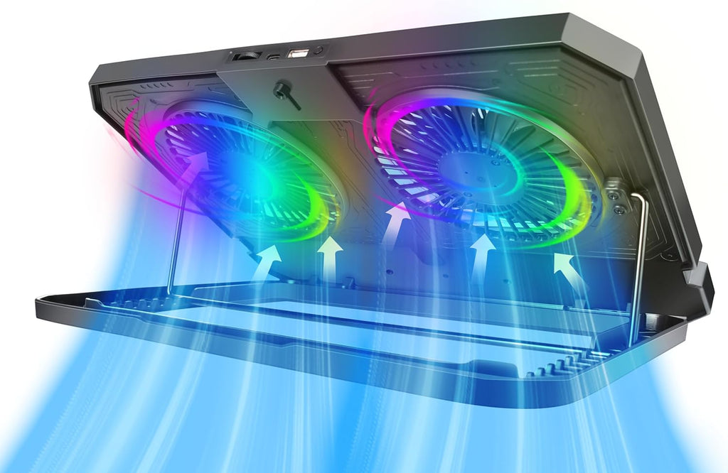 Gaming Crystal Shell Laptop Cooling Pad with Phone Holder, Dual High-Speed Fans, 8-Level Adjustable Height, RGB Lighting, Anti-Slip Base, USB-A & USB-C Ports – Black (for 10-17” Laptops)