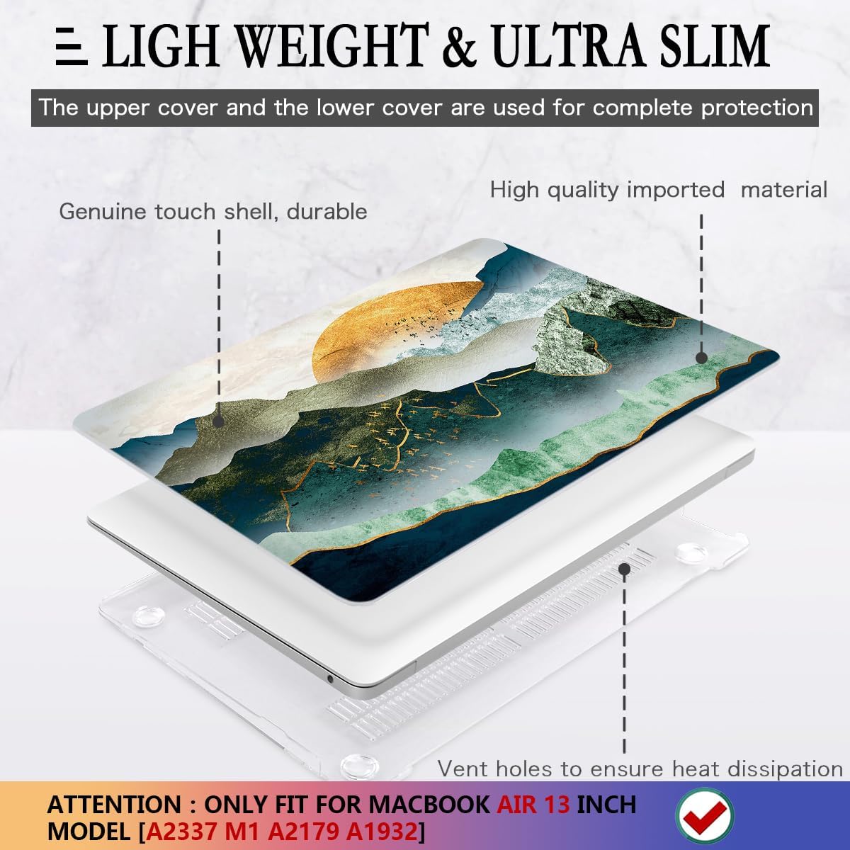 CISSOOK Mountain Case for MacBook Air 13 inch 2020 2021 2019 2018 Release Model A2337 M1 A2179 A1932 with Touch ID, Plastic Sunshine and Mountain Scenery Cover for MacBook Air 13" with Keyboard Cover