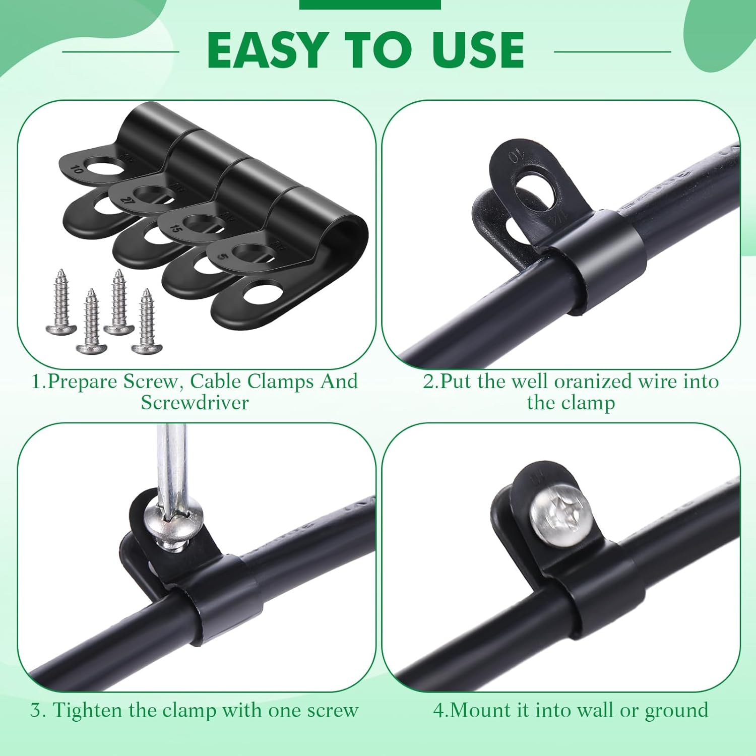 Hicarer 50 Pack R-Type Cable Clip Wire Clamp, Nylon Screw Mounting Cord Fastener Clips with 50 Pack Screws for Wire Management (Black, 1/4inch)