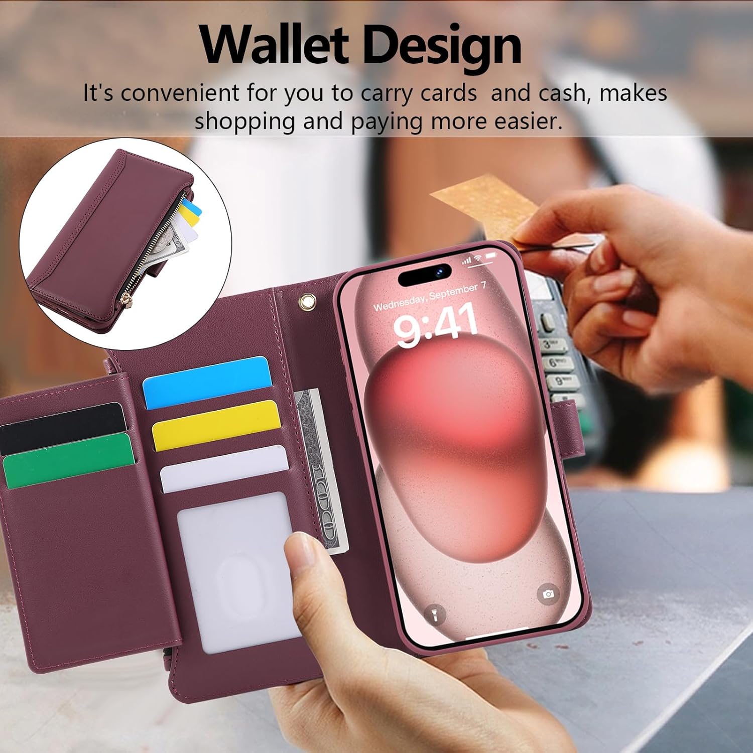 Compatible with iPhone 13/14 Wallet Phone Case-PU Leather Magnetic Flip Cover with Credit Card Slots,Zipper Pocket & Detachable Wrist Strap,Shockproof Design,for Women and Men-Claret