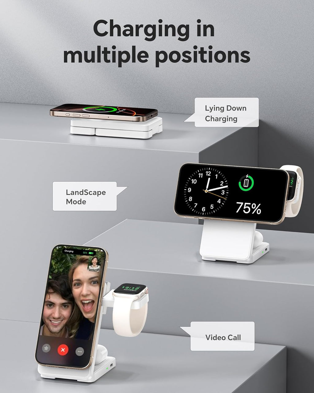 3 in 1 Charging Station for iPhone 16/15/14/13/12 Series, Wireless Charger for Apple Watch，Travel Magnetic Charging Stand for AirPods (White)