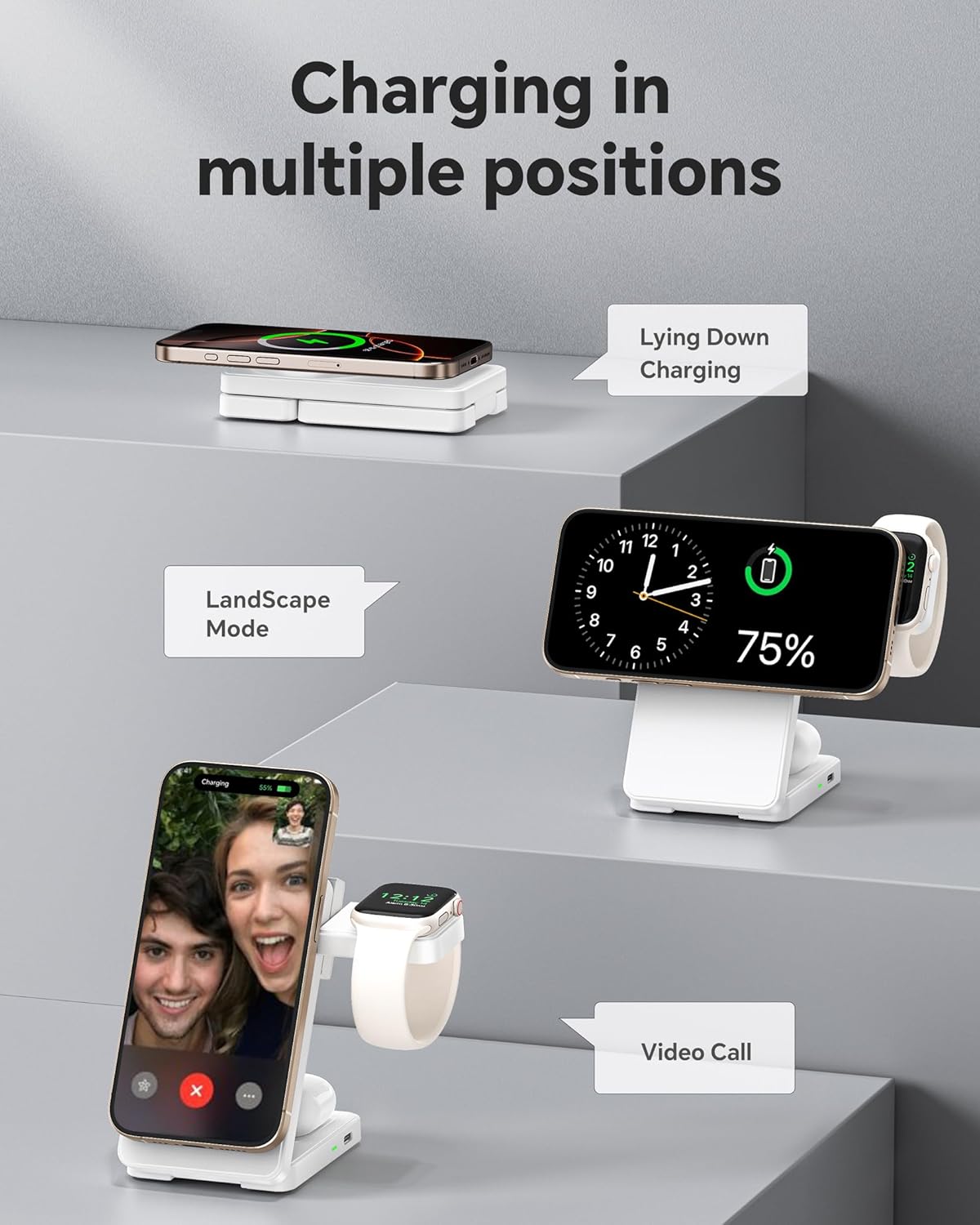 3 in 1 Charging Station for iPhone 16/15/14/13/12 Series, Wireless Charger for Apple Watch，Travel Magnetic Charging Stand for AirPods (White)