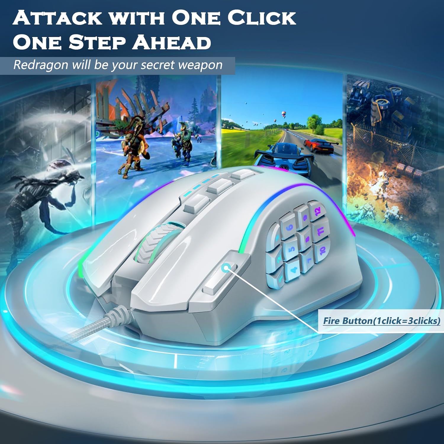 Redragon Gaming Mouse, MMO Gaming Mouse UP 12400 DPI, 19 Macro Programmable Buttons, RGB Mouse with 12 Side Buttons, 8 * 2.4g Weight Tuning for PC Laptop MOBA FPS, White