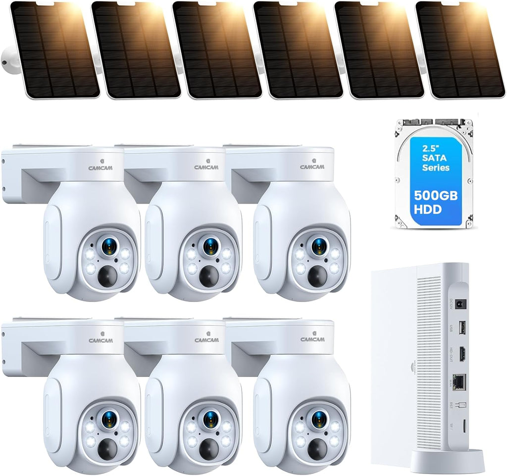 Camcamp Wireless Security Camera System, Solar Powered PTZ 4MP 6 Cam-kit Camera Security System, 500GB HDD NVR,Easy Installation, Color Night Vision, 2 Way Audio, 2.4G & 5G WiFi for Home Outdoor