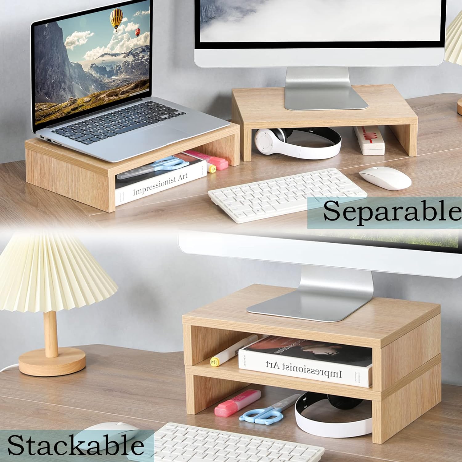TEAMIX Wood Monitor Stand Riser - 2 Pack Adjustable Dual Monitor Riser for Laptop/PC