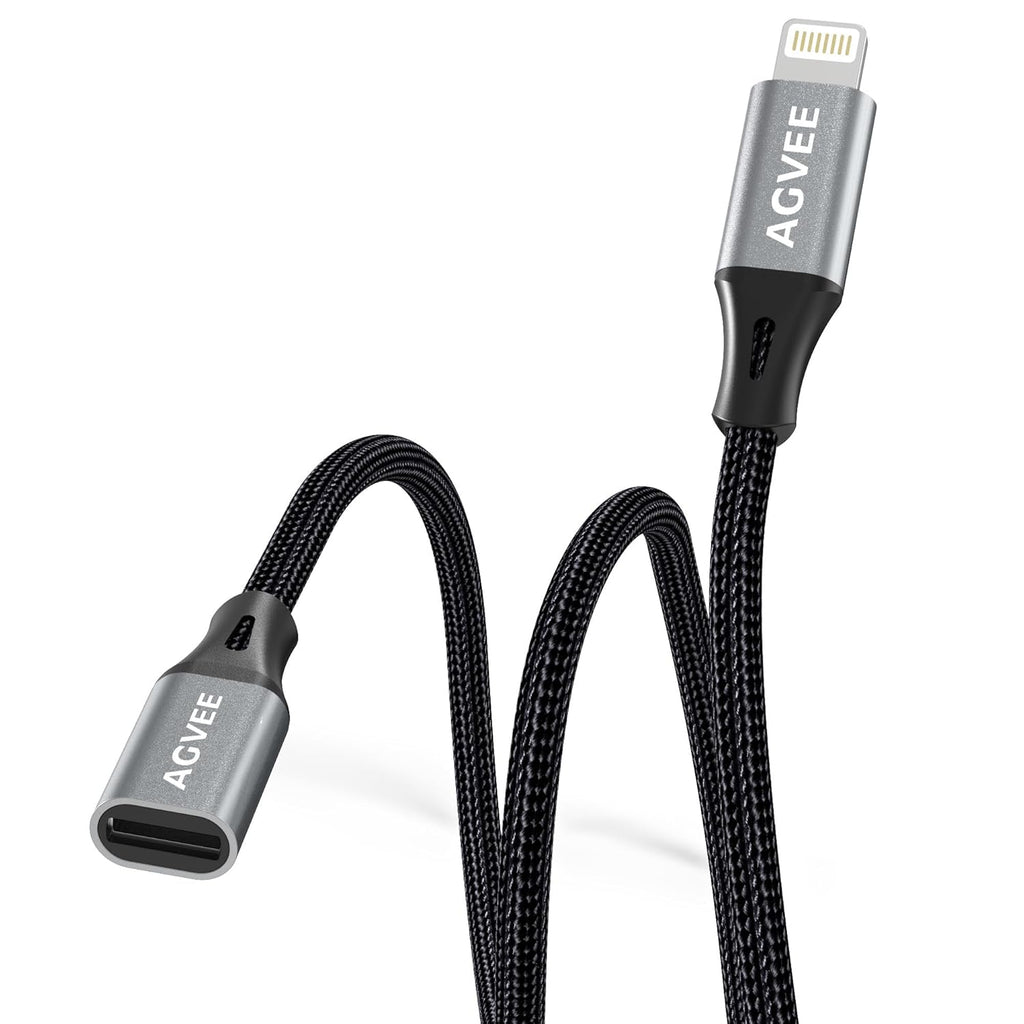 AGVEE 1ft Lightning Extension Cable, Braided Female to Male Extender Full Function Cord Compatible with iPhone iPad, Data Sync Video Audio & Charging Connector Adapter, Dark Gray
