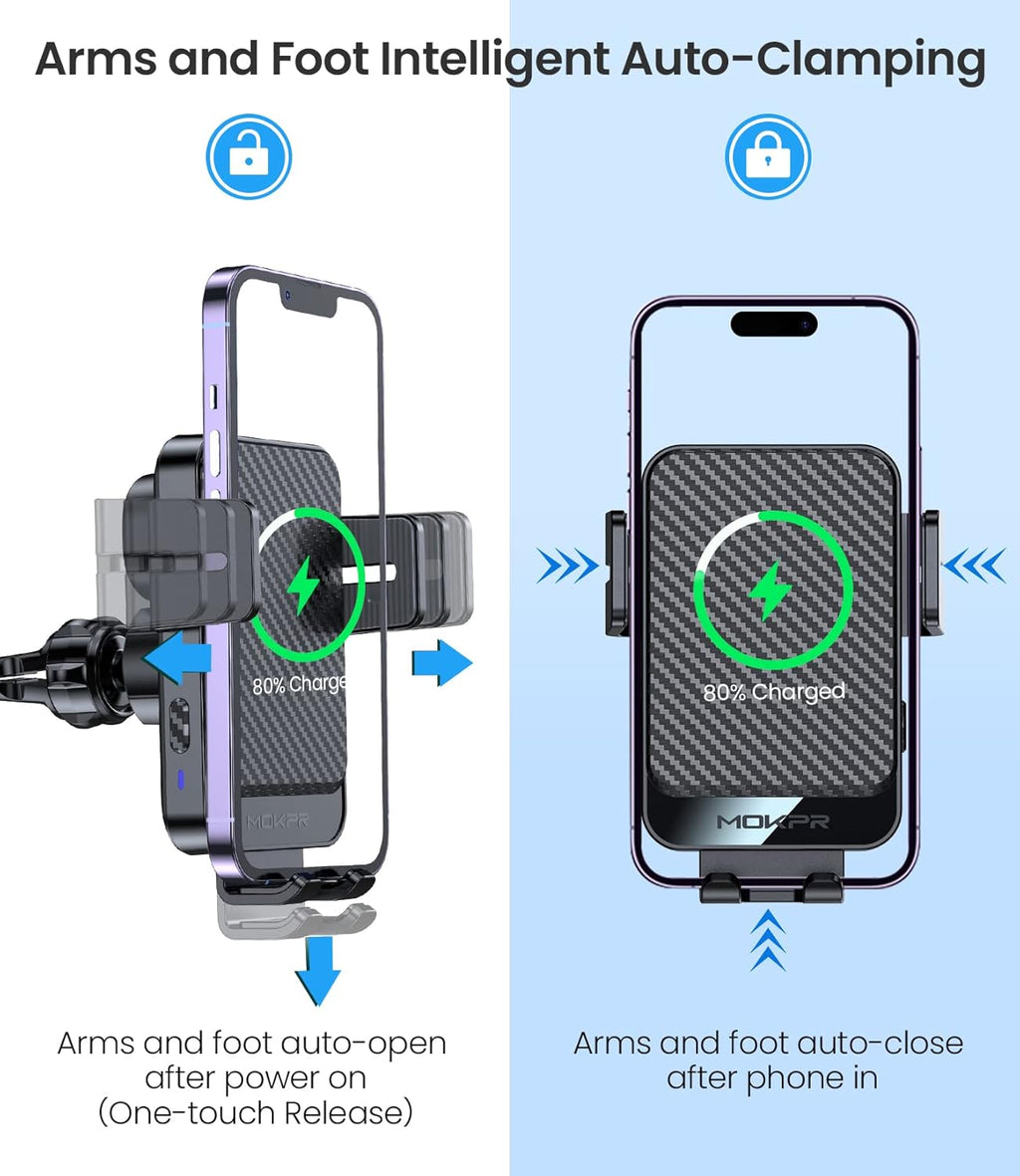 Wireless Car Charger, MOKPR 15W Fast Charging Auto-Clamping Car Mount Universal Hands-Free Car Charger Mount for Dash Windshield Air Vent Compatible with iPhone 16 15/14/13/12, Samsung S23/S22/S21,etc