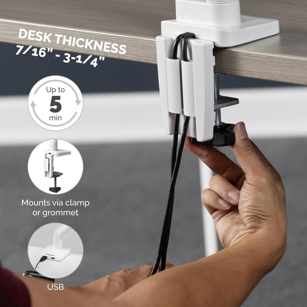 Fellowes Platinum Series Single Monitor Arm for 40-Inch Monitors, Full Motion, 360° Rotation, VESA Mount with Grommet or Clamp, USB Ports, Ergonomic, White, 8056201