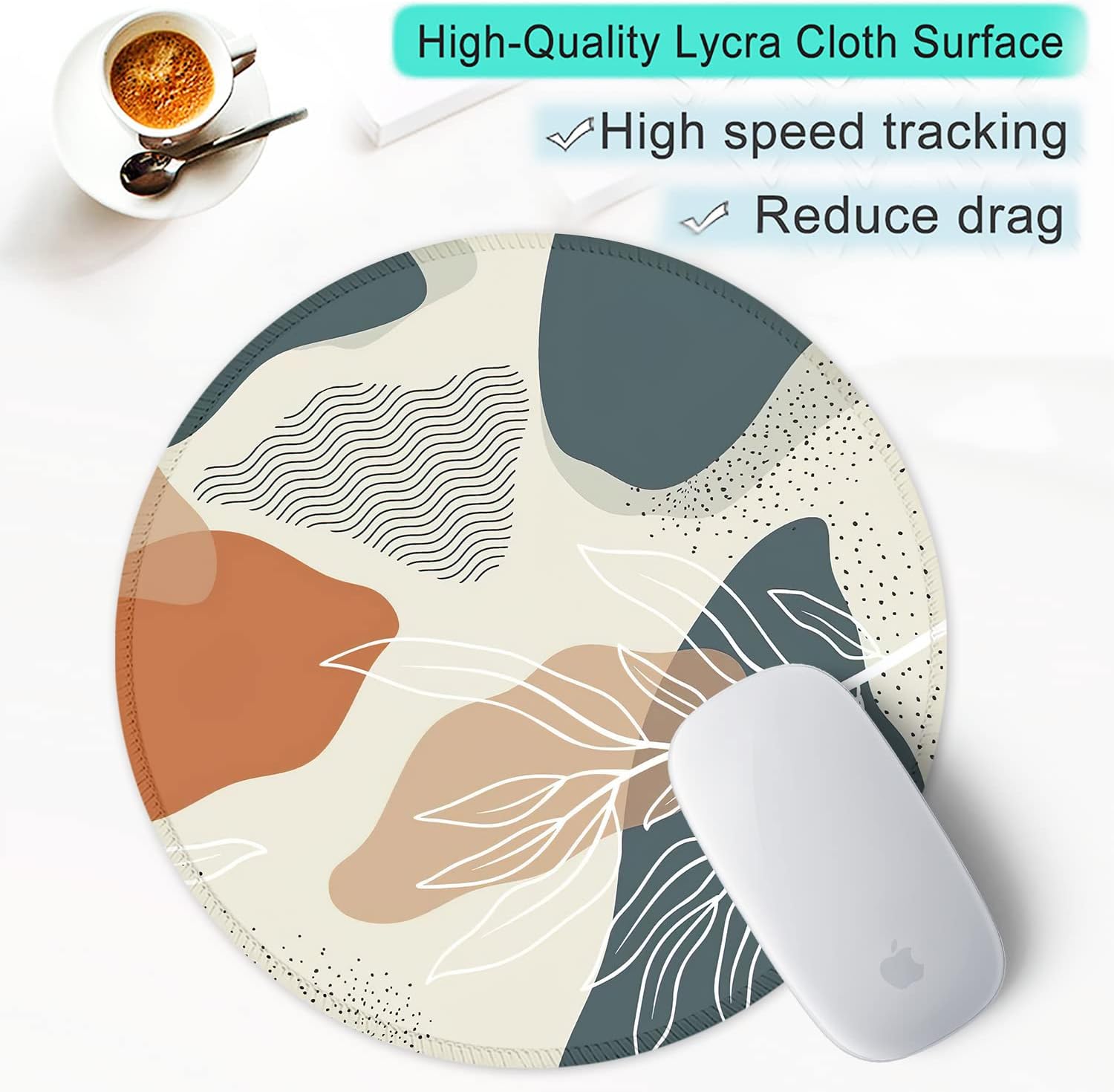 ITNRSIIET Round Mouse Pad with Stitched Edge Premium-Textured Waterproof Non-Slip Rubber Base Desktop Protection Mat Diameter 8.7 inches, Abstract Leaf