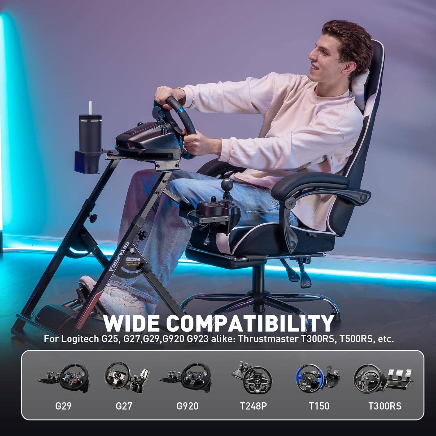 GTPLAYER Sim Racing Wheel Stand Simulator Cockpit Wheel Stand fit for Logitech G25 G27 G29 G920 G923 Thrustmaster T330TS Gaming Stand Wheel Pedals NOT Included, Deep Black With Cup Holder