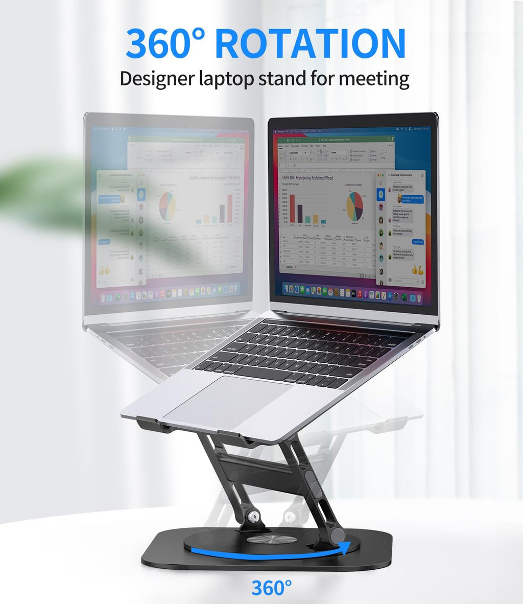 Adjustable Laptop Stand with 360 Rotating Base, Stable Computer Stand for Laptop Ergonimic Foldable Laptop Riser for Desk Compatible with MacBook Pro/Air Notebook up to 16 Inches, Black