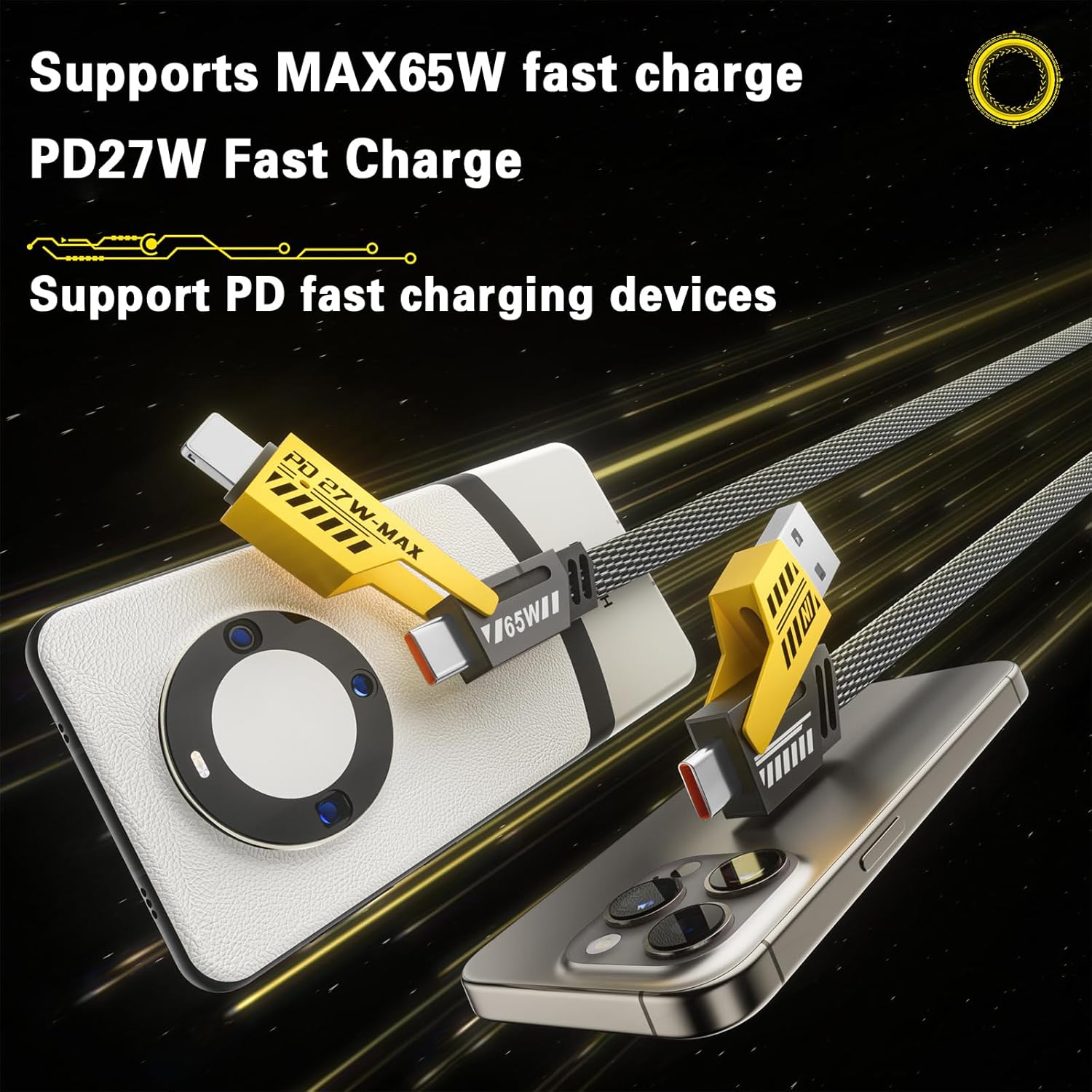 2Pack 4 in 1 Fast Charging Cable, Transferring Data, 6.65 Ft, Braided Cable 65W, USB C USB A and IP, Multiple Charging Cable for Phone/Pad/More