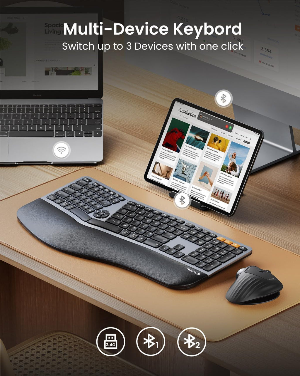 Backlit Bluetooth Ergonomic Keyboard, ProtoArc EK01 Plus Full Size Wireless Split Keyboard with Dual Bluetooth and USB, Cushioned Wrist Rest, Rechargeable for Windows/Mac/Android, Grey Black