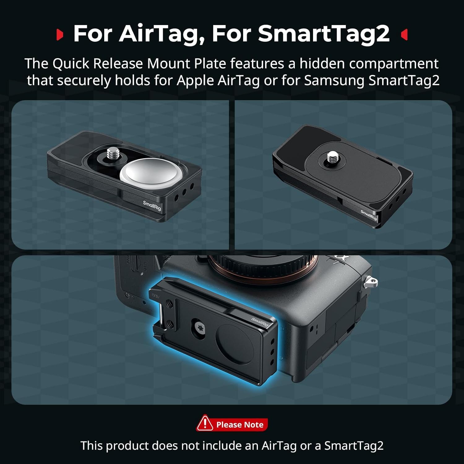 SmallRig Universal Mount Plate for AirTag, for SmartTag2, Quick Release Camera Mount Baseplate for Arca-Type, Built-in EVA Pad, 1/4"-20 Screws for Sony, for Canon, for Nikon - MD5422