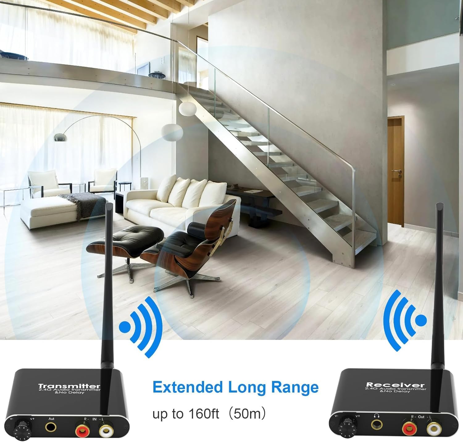 eppfun 50m/2.4G Wireless Audio Transmitter Receiver for 2 Subwoofer/Active Speaker/Power Amplifier/Home Stero, with 20ms Low Latency,192kHz/24bit HiFi, 165Feet/ RCA/3.5mm Audio (only Audio)