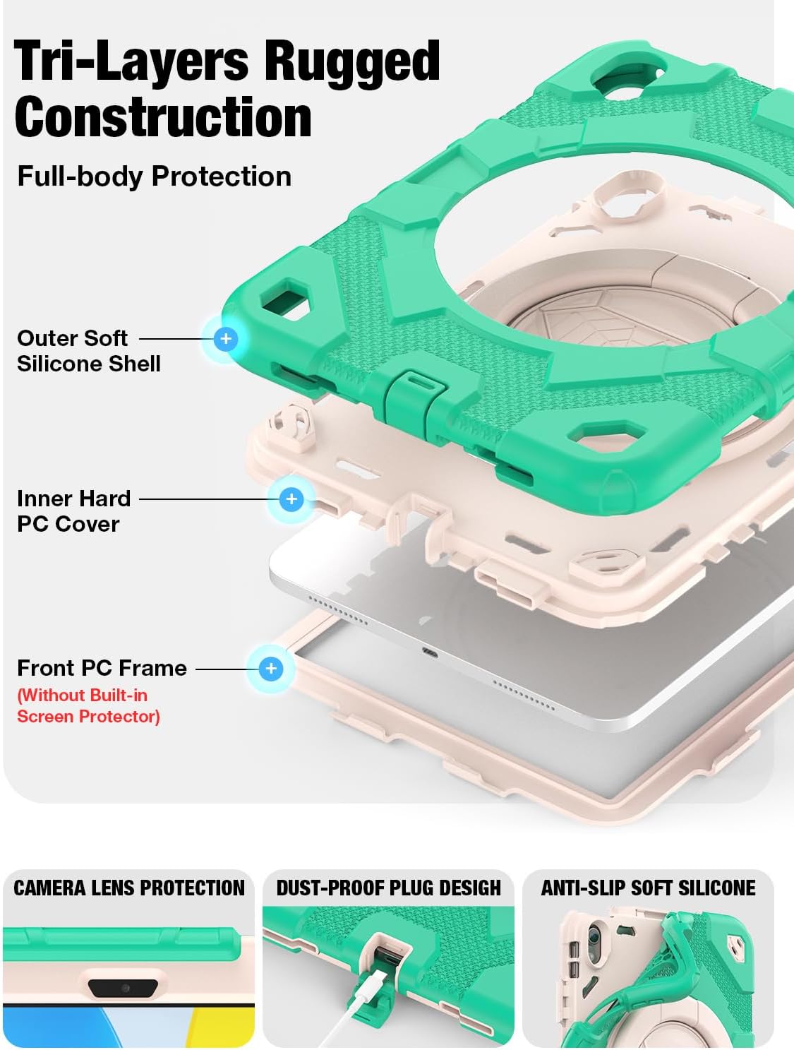 SCSVPN for iPad (A16) 11th/10th Generation Case 11 inch 2025/10.9 inch 2022, Rugged Shockproof Protective Silicone Case for Kids with Pencil Holder, Rotate Stand & Handle, Shoulder Strap - Mint Green