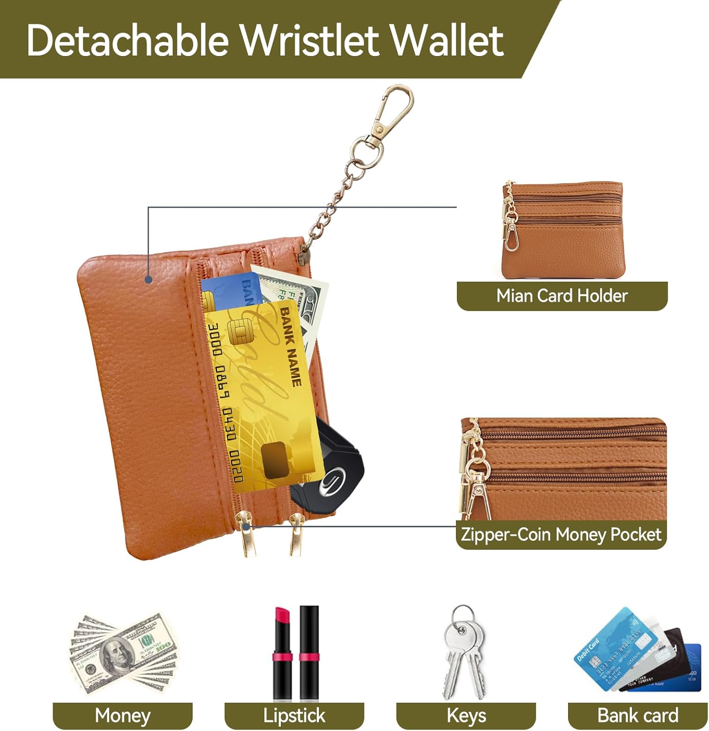Clip and Go Strap for Phone Gold Metal Chain with Brown Purse Wallet Crossbody Phone Lanyard for Women with Cell Phone Stand Holder 2 Patches Tether Adjustable Anti Theft for iPhone 16 15 All Phones