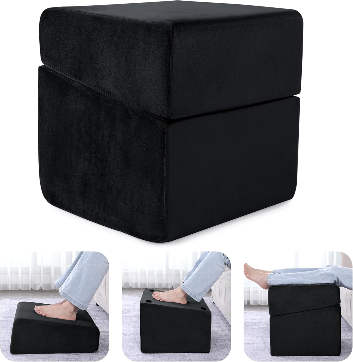 ROYALAY Adjustabl Foot Rest Under Desk for Office, High-Density Foam Foot Rest with 3 Adjustable Heights, Ergonomic Footrest with Washable Cover for Home, Airplane, Travel(16 * 14.5 * 17in, Black)