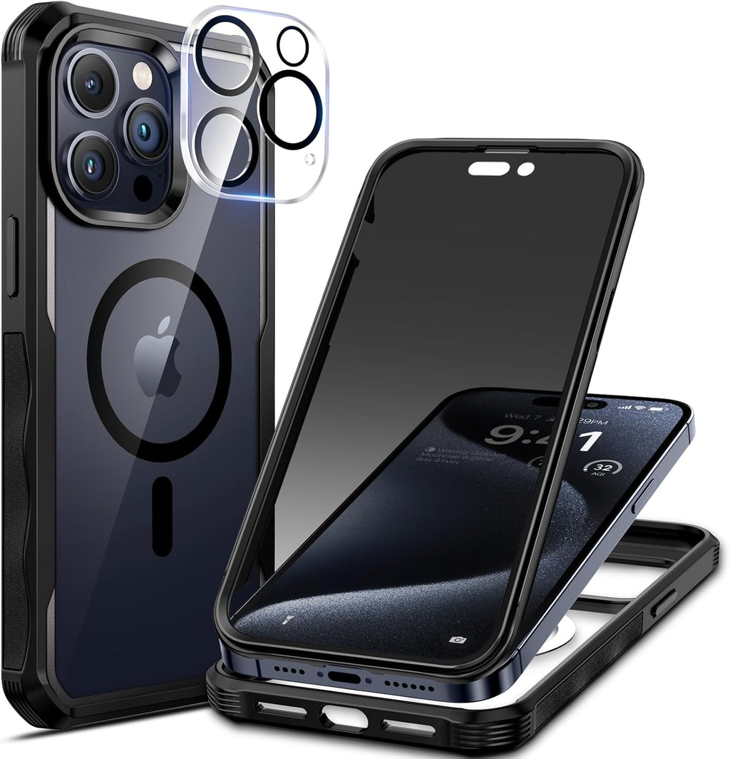seacosmo for iPhone 15 Pro Max Case, Full Body Bumper with Built-in 9H Tempered Glass Privacy Screen and Camera Lens Protector, Compatible with MagSafe, Shockproof 15 Pro Max Phone Case, 6.7", Black