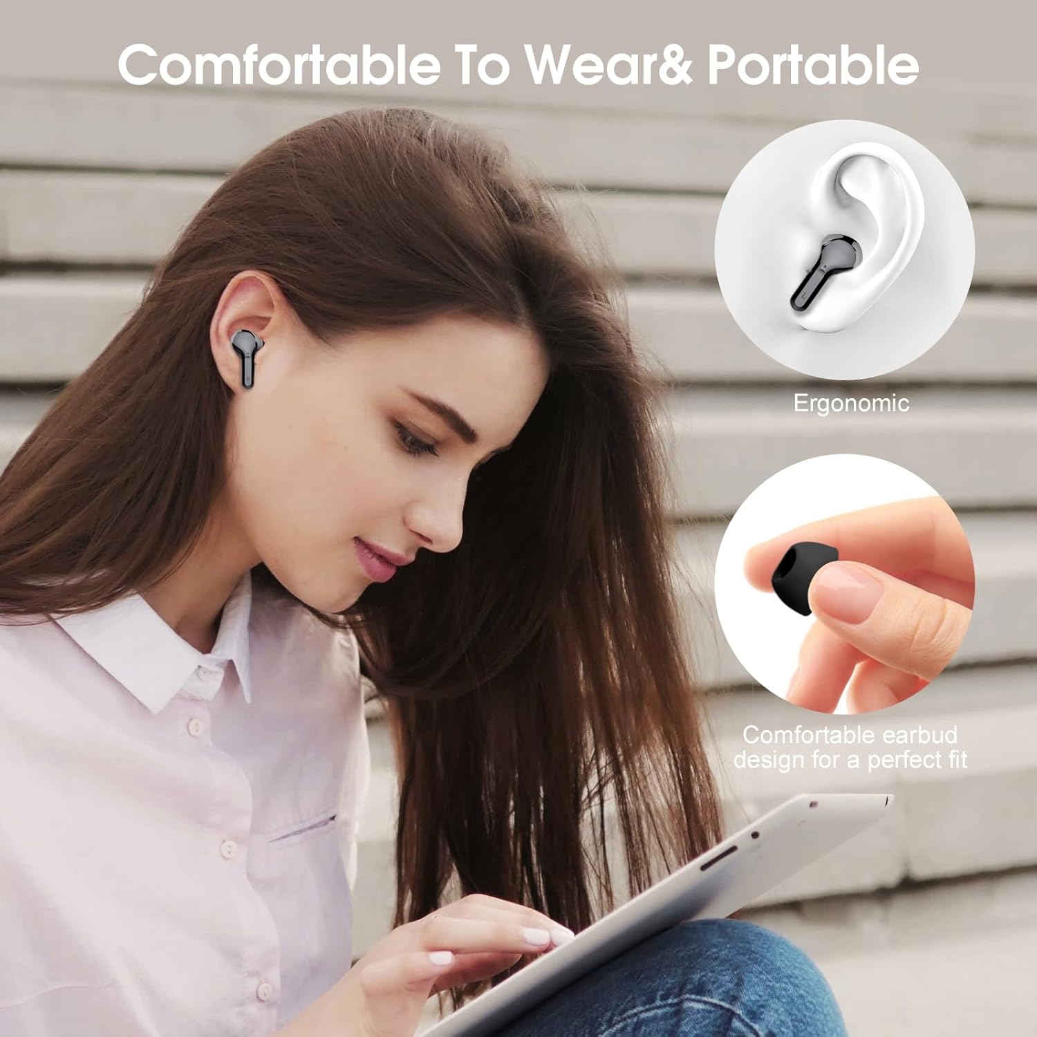 Wireless Earbuds, Bluetooth 5.4 Headphones HiFi Stereo, Bluetooth Earbuds with ENC Noise Cancelling Mic, IP7 Waterproof in Ear Earphones, 48H, LED Display Ear Buds for Pad Workout Sports, Black