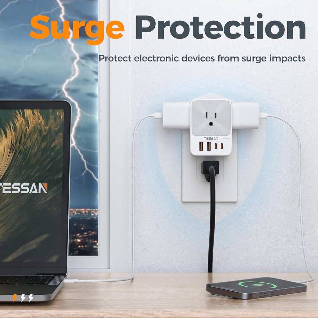 USB C Charger Block 20W PD, TESSAN 4 USB Wall Charger Fast Charging with 3 Outlet Extender Surge Protector, 3 Side Multi Port Adapter, Electric Multiple Outlet Plug for Home Office Dorm Room