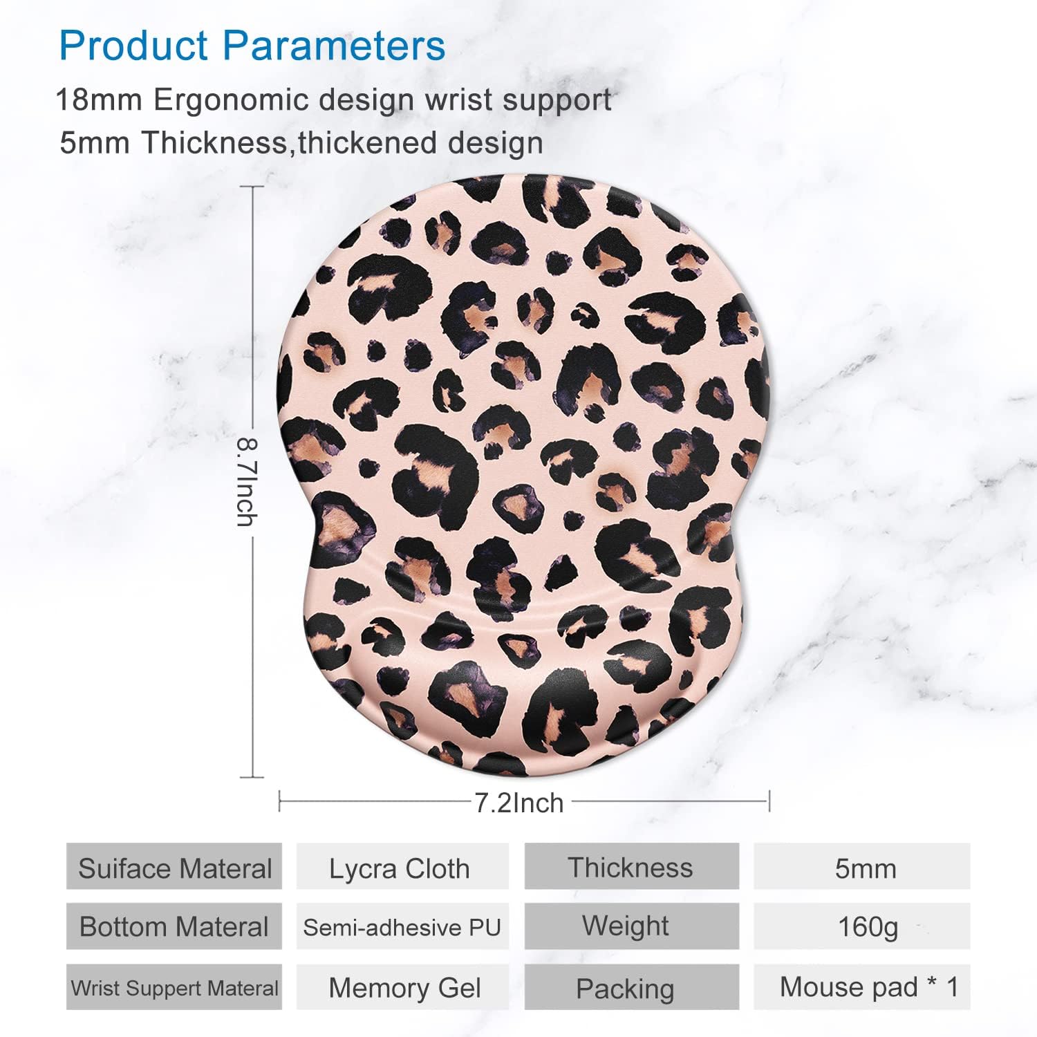 ITNRSIIET Ergonomic Mouse Pad with Gel Wrist Support Small Wrist Rest Smooth Surface Non-Slip PU Base Comfortable Office Supplies Pain Relief, 8.7 x 7.2 inches, Leopard Black Purple