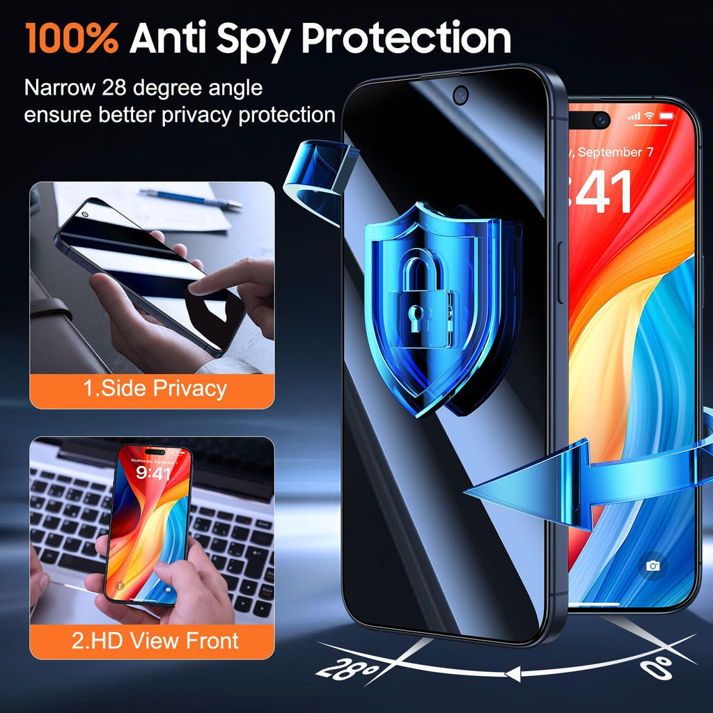 UniqueMe for iPhone 15 Pro Max Privacy Screen Protector - [Military Grade Shatterproof & 9H+ Hardness] Privacy Screen 15 Pro Max Tempered Glass Full Coverage,Easy to install, 2 Packs