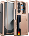 for Samsung Galaxy Z Fold 6 Case with Card Holder & S Pen Holder & Screen Protector & Slide Camera Protection & Hinge Protection, Shockproof Wallet Phone Case for Z Fold 6 5G 2024, Rose Gold