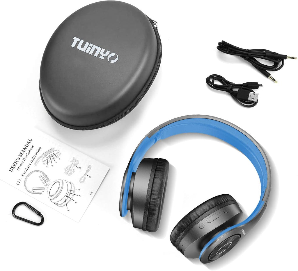 TUINYO Bluetooth Headphones Wireless, Over Ear Stereo Wireless Headset 40H Playtime with deep bass, Soft Memory-Protein Earmuffs, Built-in Mic Wired Mode PC/Cell Phones/TV-Black/Blue …