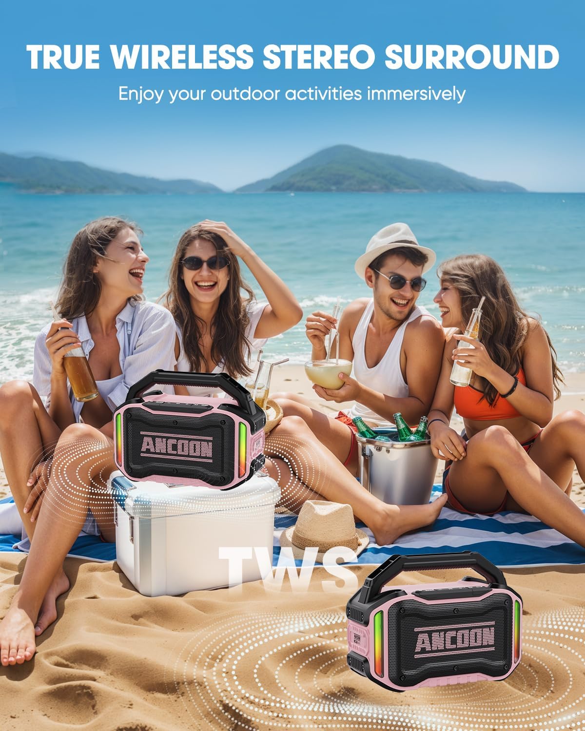 Speakers Bluetooth Wireless: 80W(Peak) Loud Speaker with Bass, 20H Playtime, IPX6 Waterproof, Large Jobsite Speakers for Work, Outdoor, Workshop, Garage, Portable Speaker with TWS (Pink)