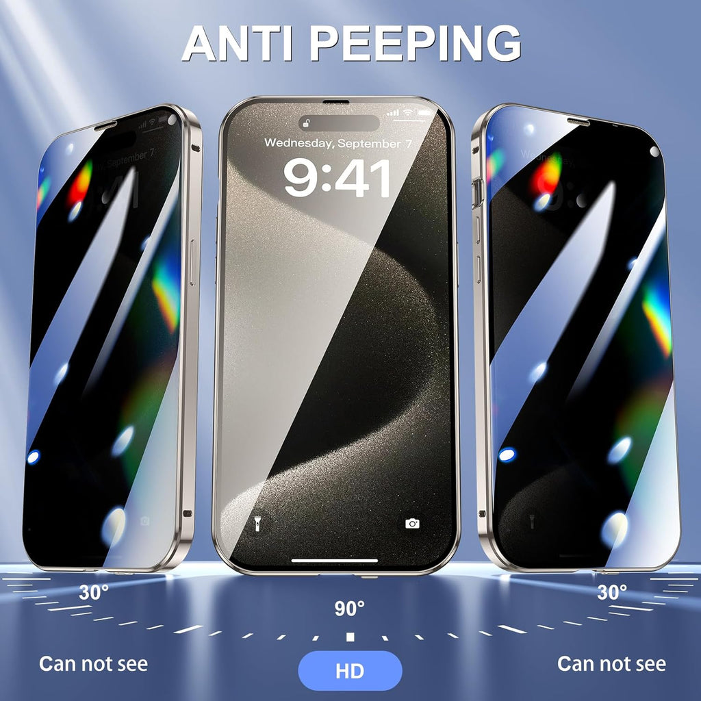 Jonwelsy Anti Peeping Case for iPhone 15 Pro (6.1"), 360 Degree Front and Back Privacy Tempered Glass Cover, Magnetic Adsorption Metal Bumper (Blue)