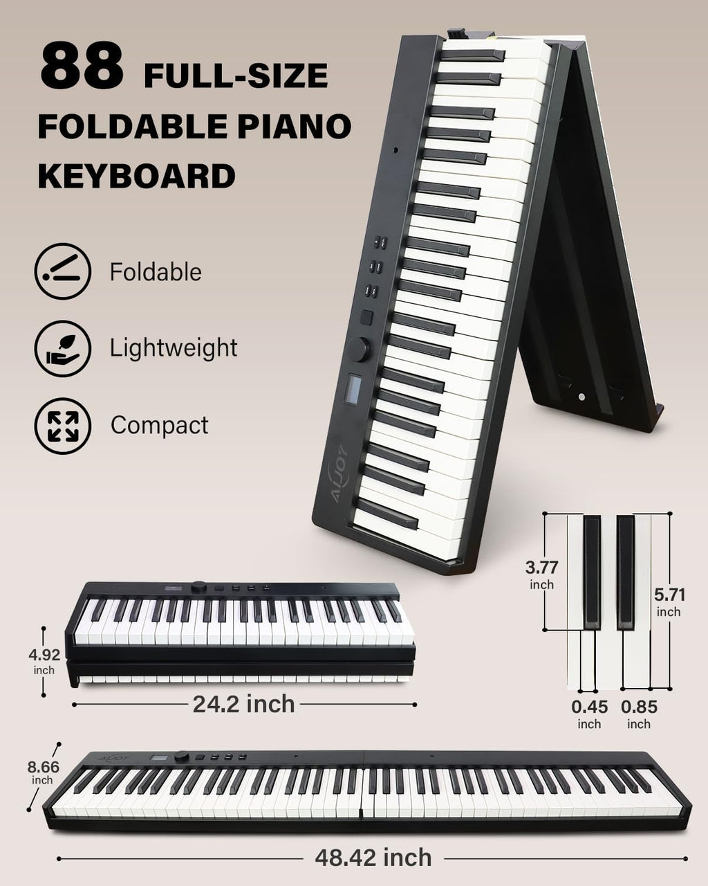 AiJoy 88-Key Piano Keyboard ASP-10F Electric Portable Folding Piano with Semi-Weighted Keyboard, Music Stand, Sustain Pedal, Handbag, USB MIDI Music Keyboard for Beginners, Black