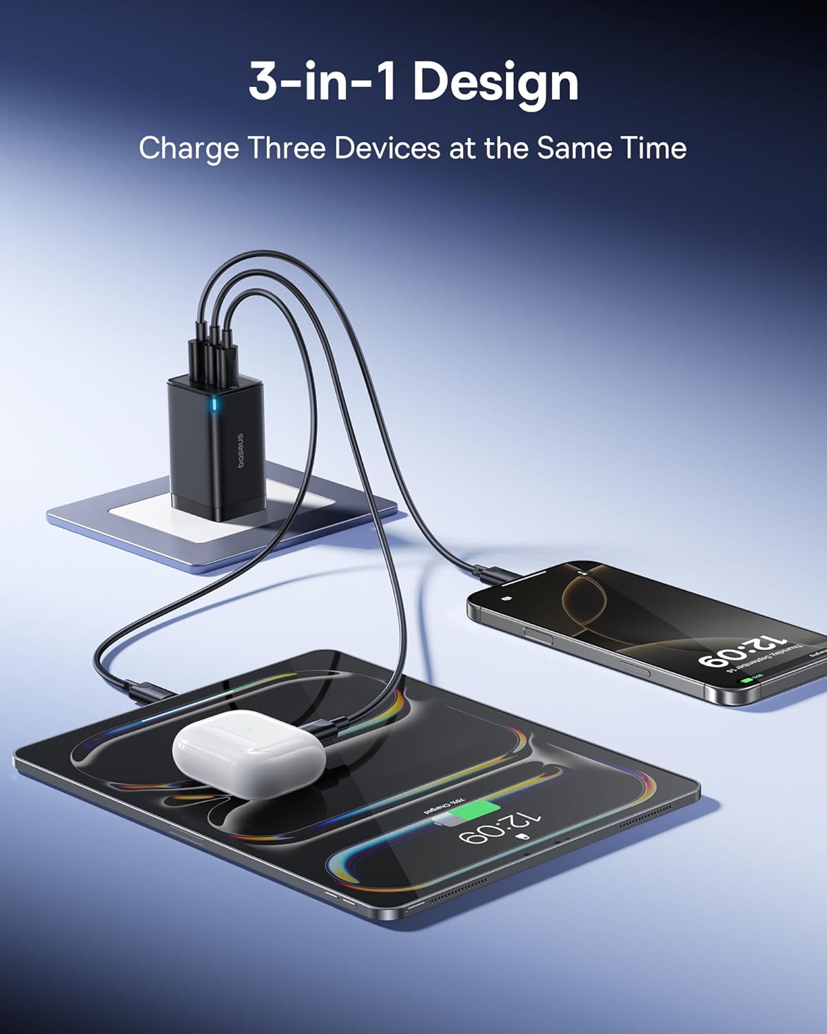 Baseus 2 Pack 65W USB C Charger Block, PPS 3-Port Fast Compact Foldable USB C Charger for MacBook, iPad Pro, Galaxy S24, iPhone 16/15 and More Series
