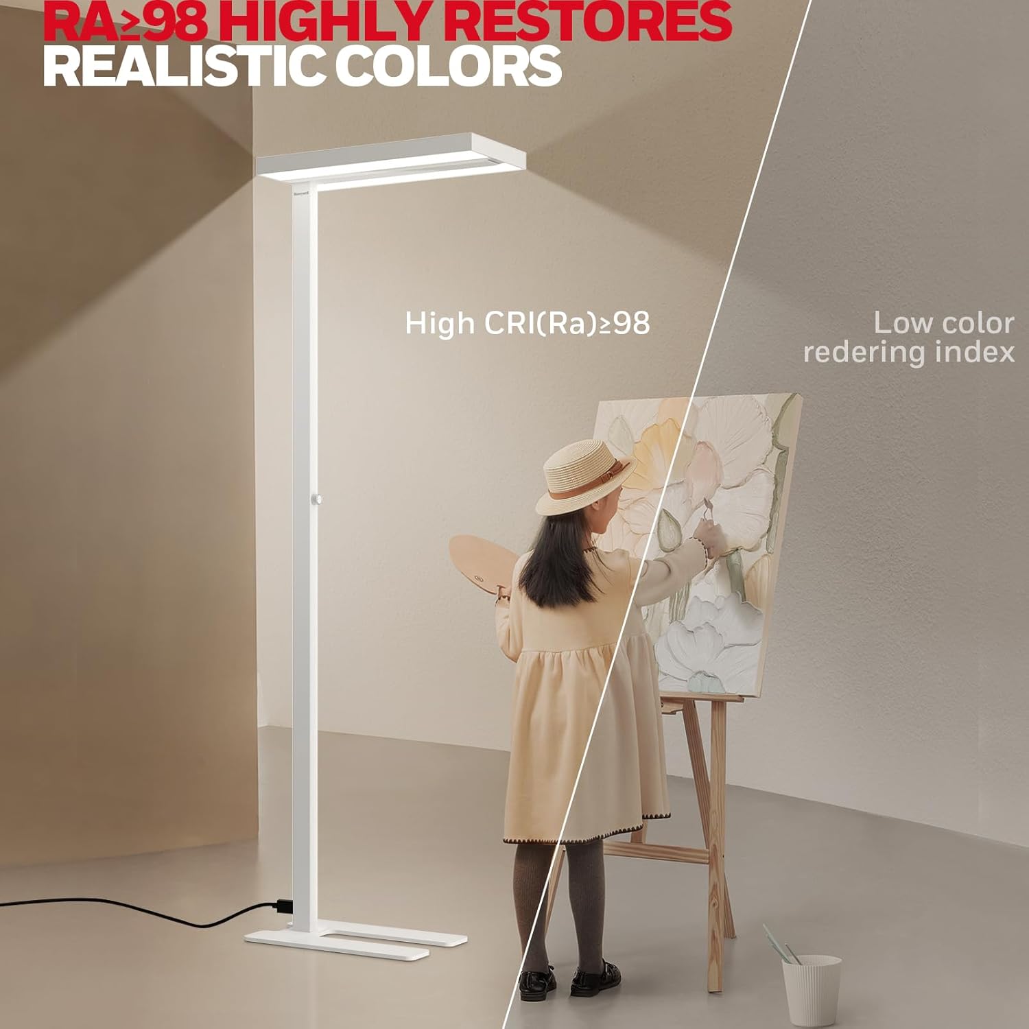 Honeywell LED Floor Lamp Modern - 02E Sunturalux Eye Caring Standing Light, 6000LM 60W 4000K Natural Daylight Dimmable Reading Tall Lampara for Home Office Living Room Bedroom