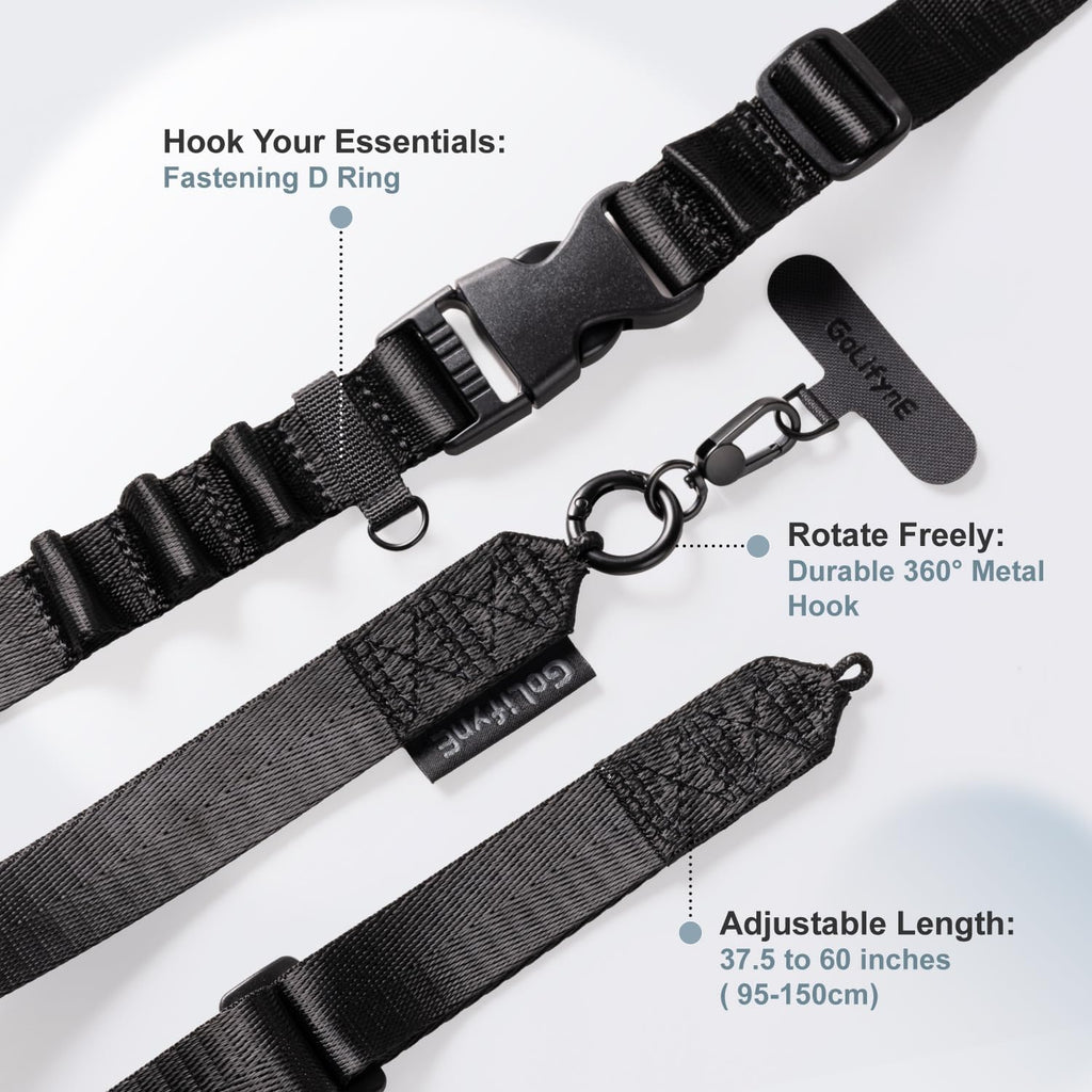 25mm Crossbody Phone Lanyard, Anti-Theft Crossbody Phone Strap for iPhone 16 Pro Max and Most Smartphones, Cell Phone Neck Lanyard w/ 2 Non-Adhesive Tether Tabs for Men and Women, Black