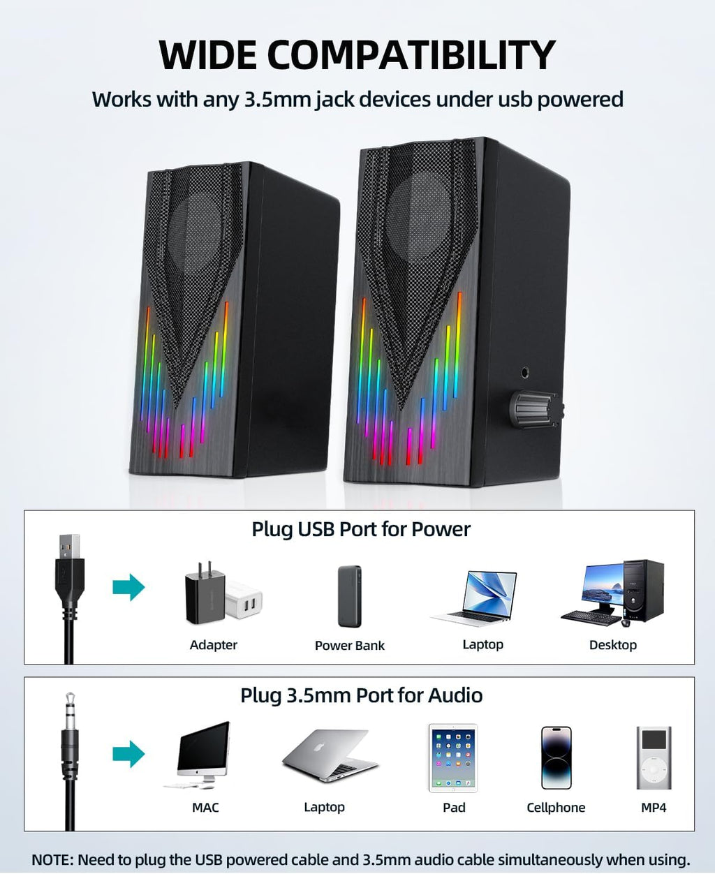 Computer Speakers with 6 Colorful RGB Lights,USB Powered 3.5mm Aux with Loud Stereo Sound,Headphone-in for Desktop,PC/Laptop/Tablet Phone