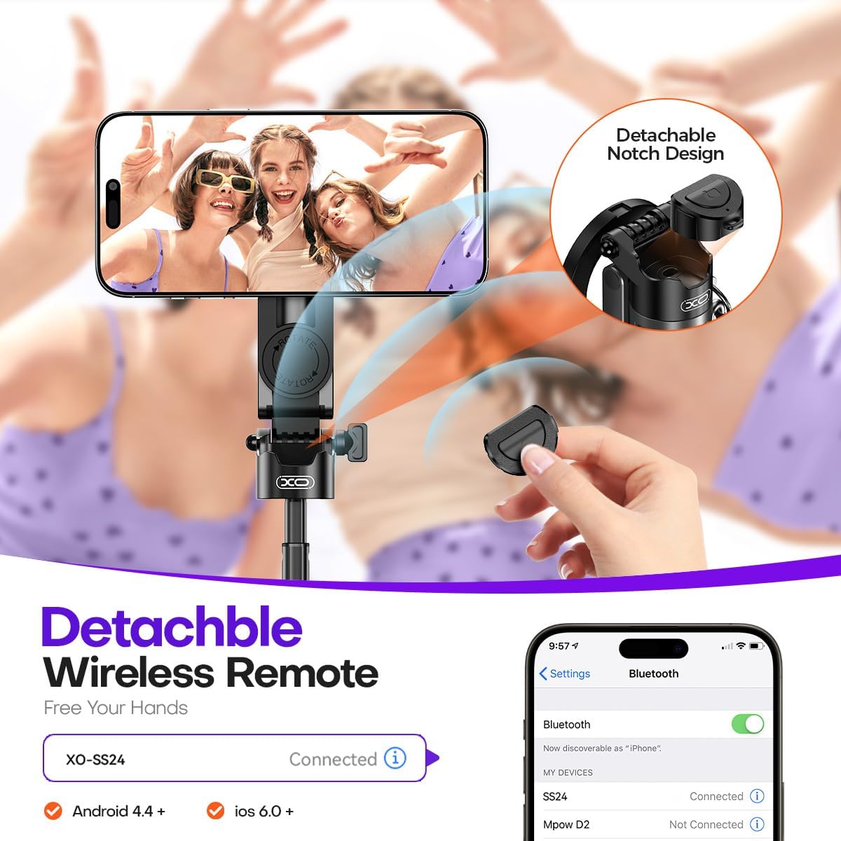 Magnetic Mini Phone Selfie Stick with 2 Fill Light, 360° Rotation Portable Phone Travel Tripod with Remote Control,Magnetic Chuck ＆ Clip Selfie Stick for iPhone Android TIK Tok/Live/Video Recording