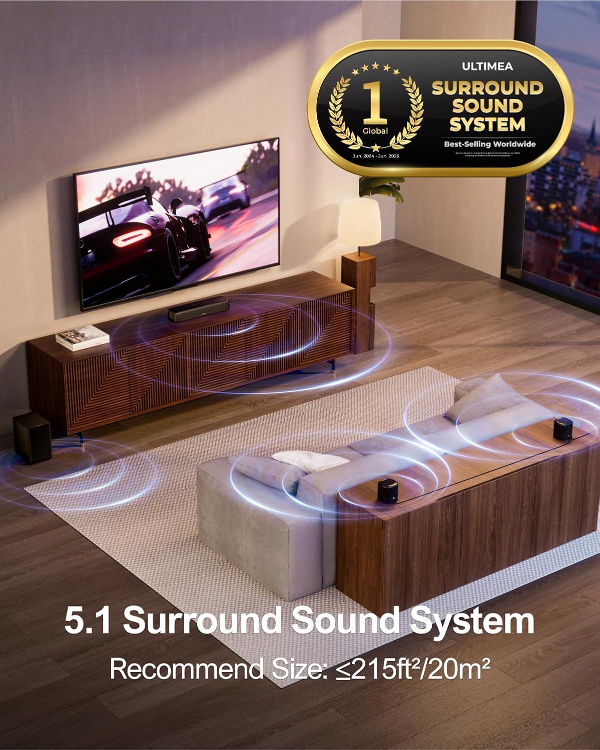 ULTIMEA 5.1ch Sound Bar with Subwoofer, Home Theater Virtual Surround Sound System for TV, Soundbar with App Control, 2 Surround Speakers, Opt/AUX, Peak Power 250W, Aura A30