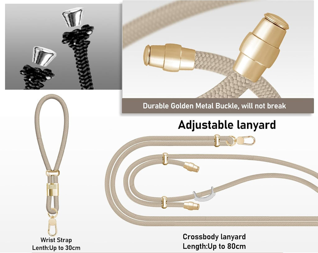 Cell Phone Lanyard Adjustable Crossbody Phone Lanyard *1 Phone Wrist Strap *1 with Deluxe Gold Matal Buckle + Clear Tether Tabs *2 for Shopping Travelling Hiking(KHAKI)