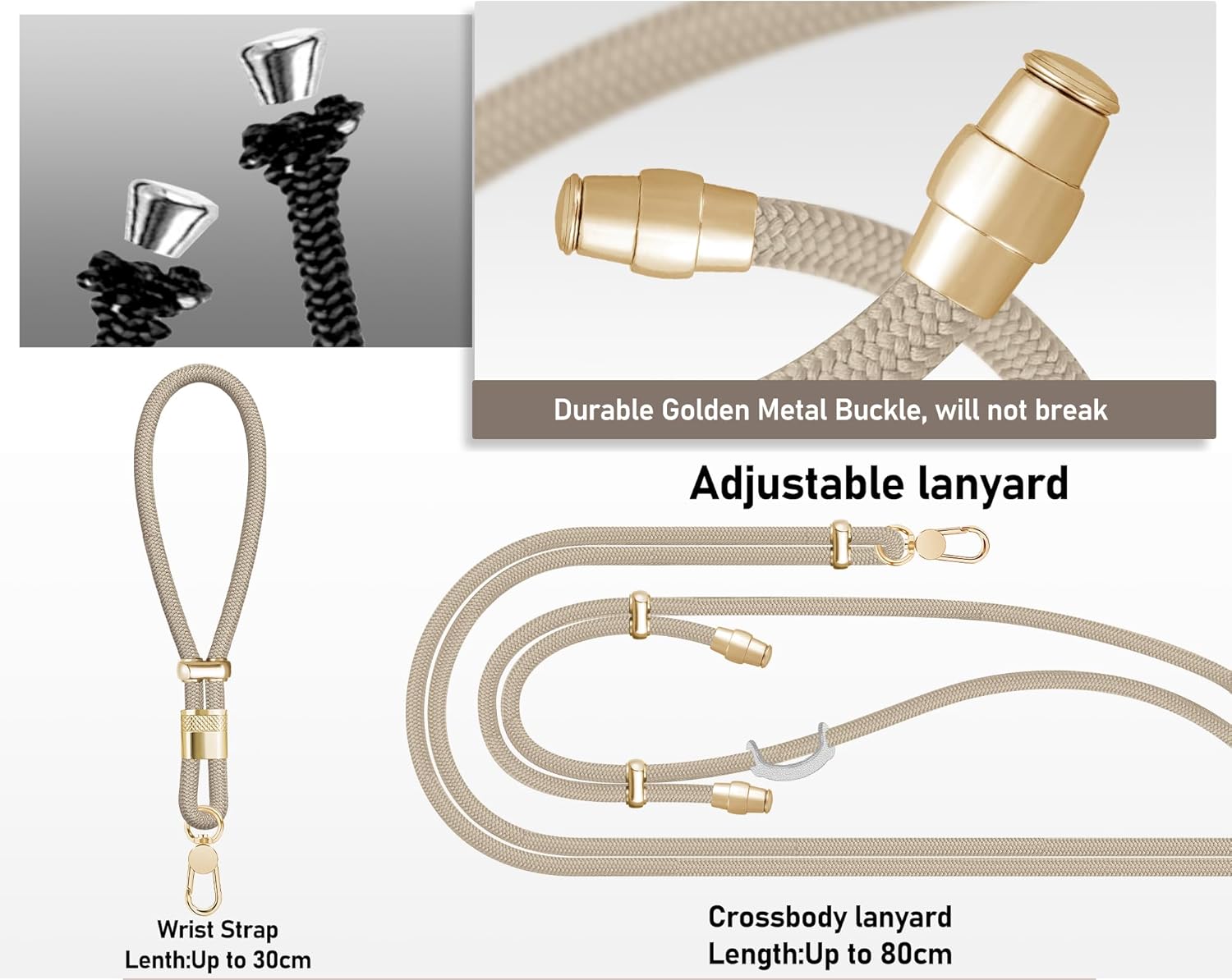 Cell Phone Lanyard Adjustable Crossbody Phone Lanyard *1 Phone Wrist Strap *1 with Deluxe Gold Matal Buckle + Clear Tether Tabs *2 for Shopping Travelling Hiking(KHAKI)